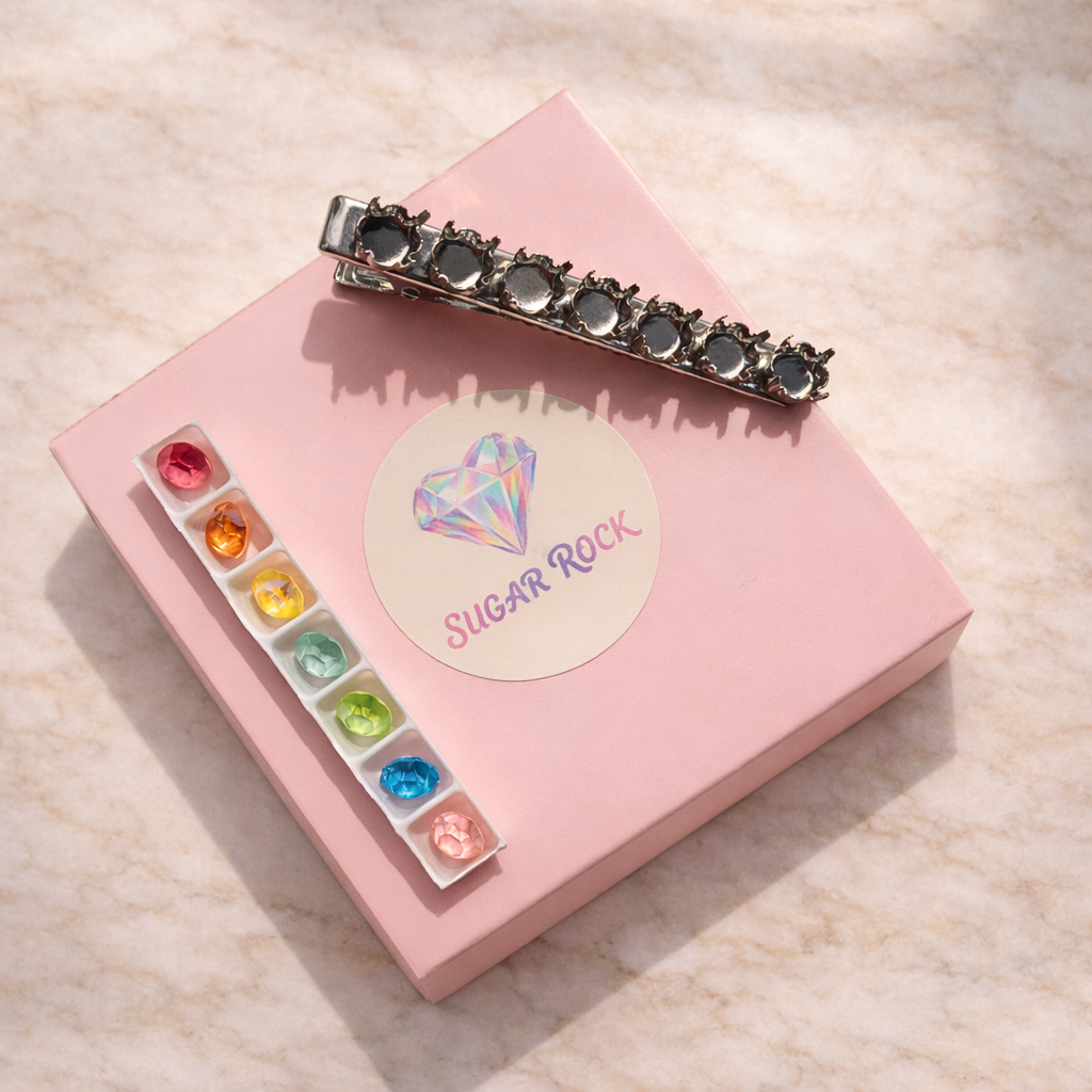 Pink jewelry box with colorful stones and a decorative hair clip on a light background
