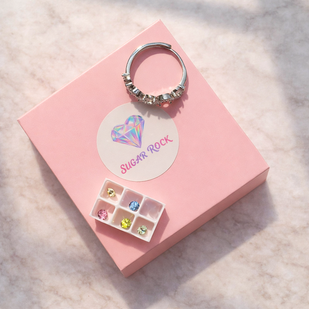 wave ring  with 'Sugar Rock' branding on a pink box with gemstones.